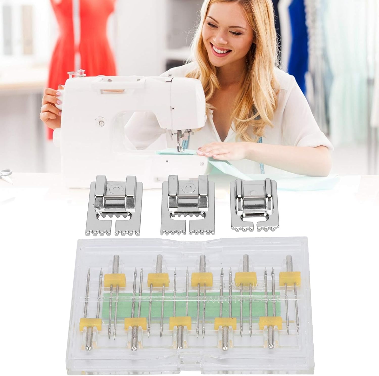 10 Twin Needles Double Needles Sewing Machine Needle Twin Machine Needles Pins Double Twin Needles with 3 Pintuck Presser Foot,Household Sewing Machine Tools