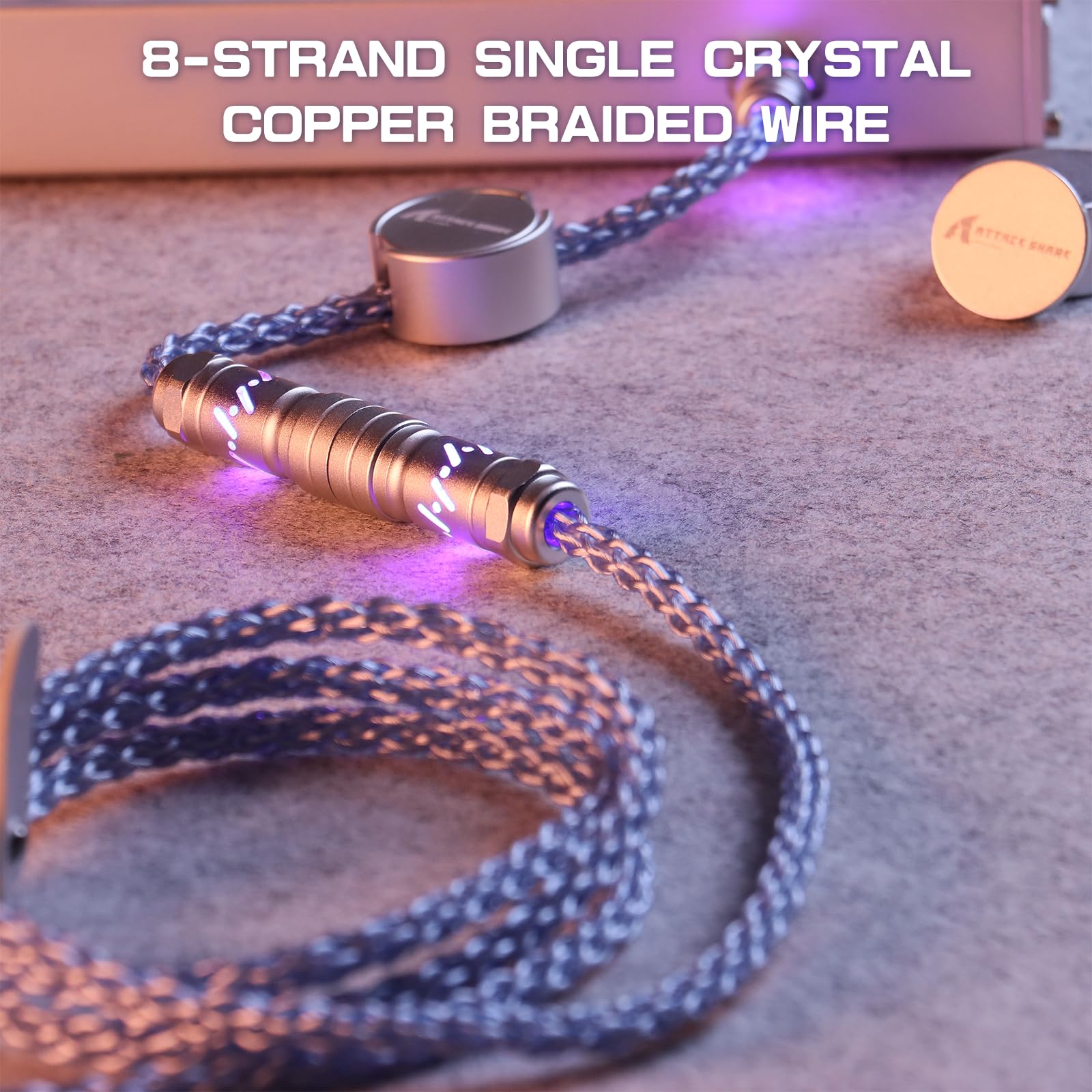 ATTACK SHARK C07 Cable de aviador trenzado personalizado con RGB iluminado, conector de aviación de 5 pines, USB-A a tipo C, placa magnética CNC desmontable para cargar teléfonos, teclado magnético de