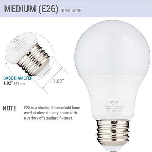 Miniatura 4 de KOR Bombillas LED  Paquete de 6 bombillas blancas frías de 4000 K  Base E26, tamaño A19, 15 W (equivalente incandescente de 100 W)  Bombillas de