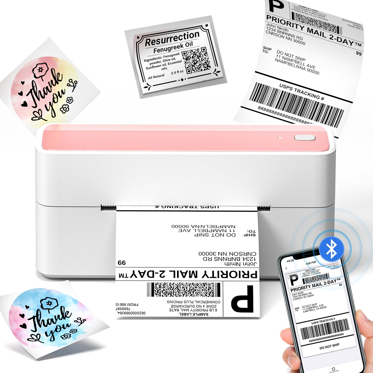 Phomemo DHL Bluetooth Etikettendrucker, 241BT Ettikettendrucķer 4x6 Versandetiketten Drucker, Bluetooth Label Printer Thermodrucker für Barcode, Amazon, DHL, Etsy, DPD, UPS, Ebay & Shopify - Rosa