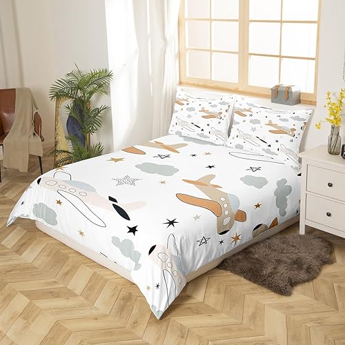 Vista 19 de Erosebridal Funda de edredón de avión de dibujos animados, tamaño matrimonial, juego de ropa de cama de aviones para niños, lindo amarillo, verde