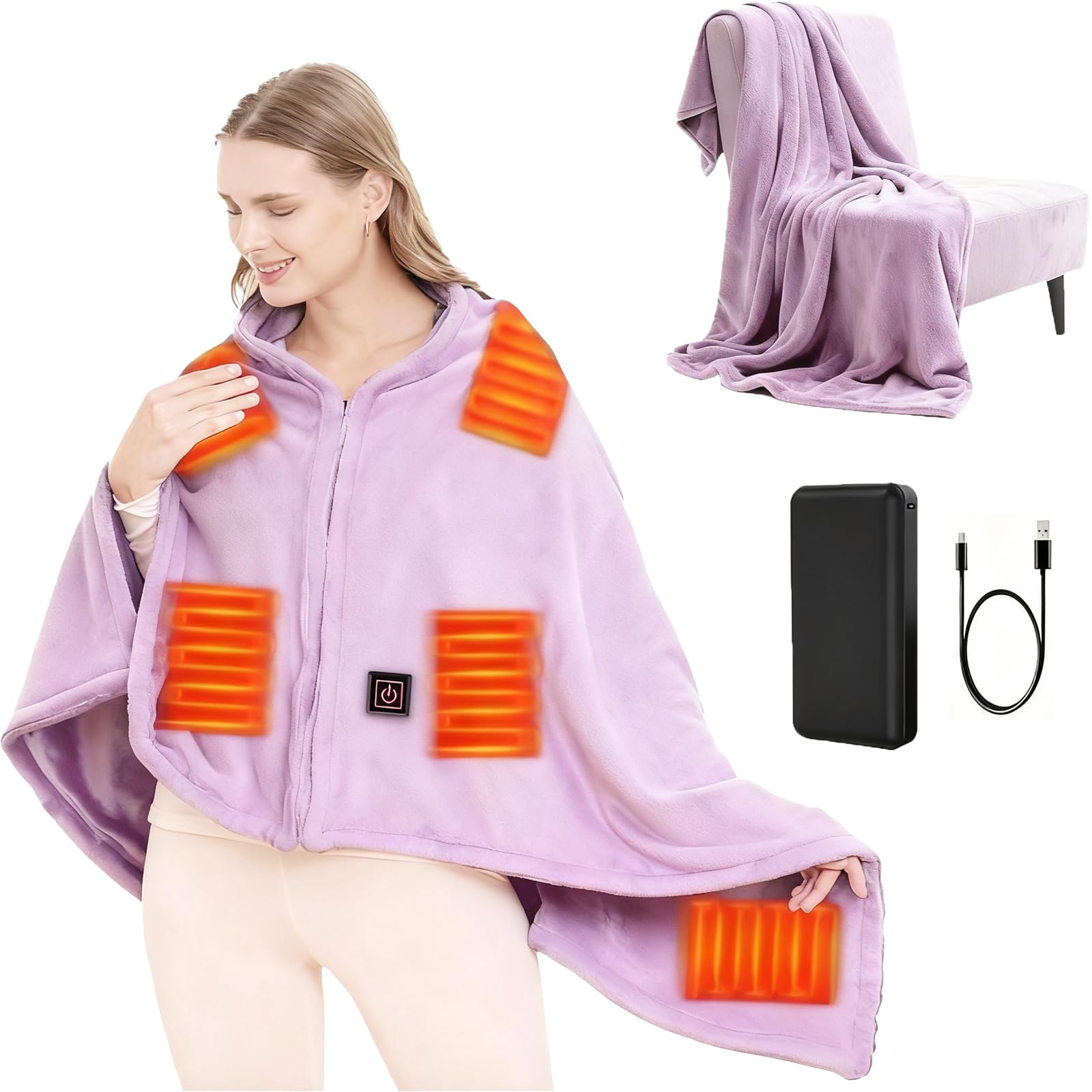 USB Heizdecke mit 10000mAh Akku, 150 x 80 cm Kabellos Heated Blanket, 3 Temperatursstufen, Flanell Einzelperson Electric Blanket Shawl, Wärmedecke für Büro Mittagspause, Outdoor-Reisen