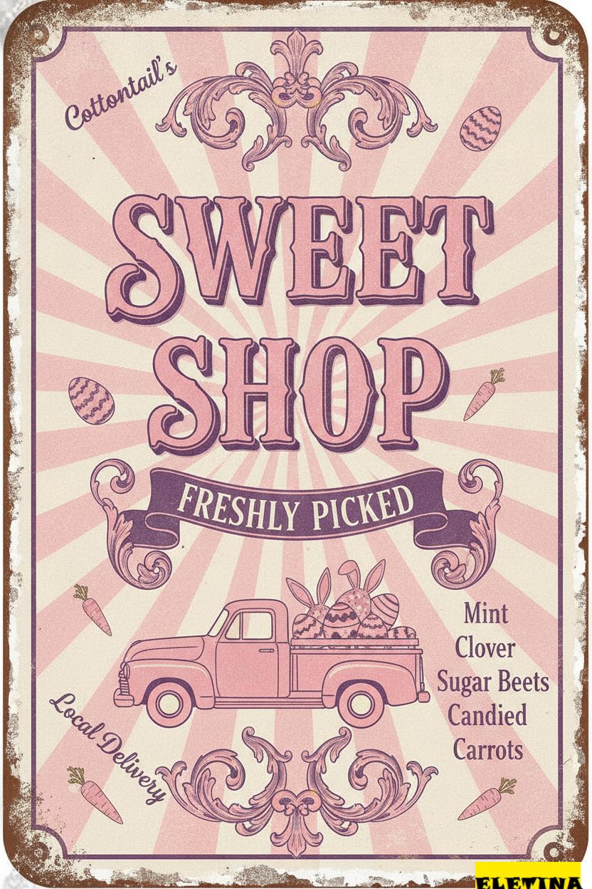 Cottontail Sweet Shop Easter Tin Sign, 12x8 Inch Decor
