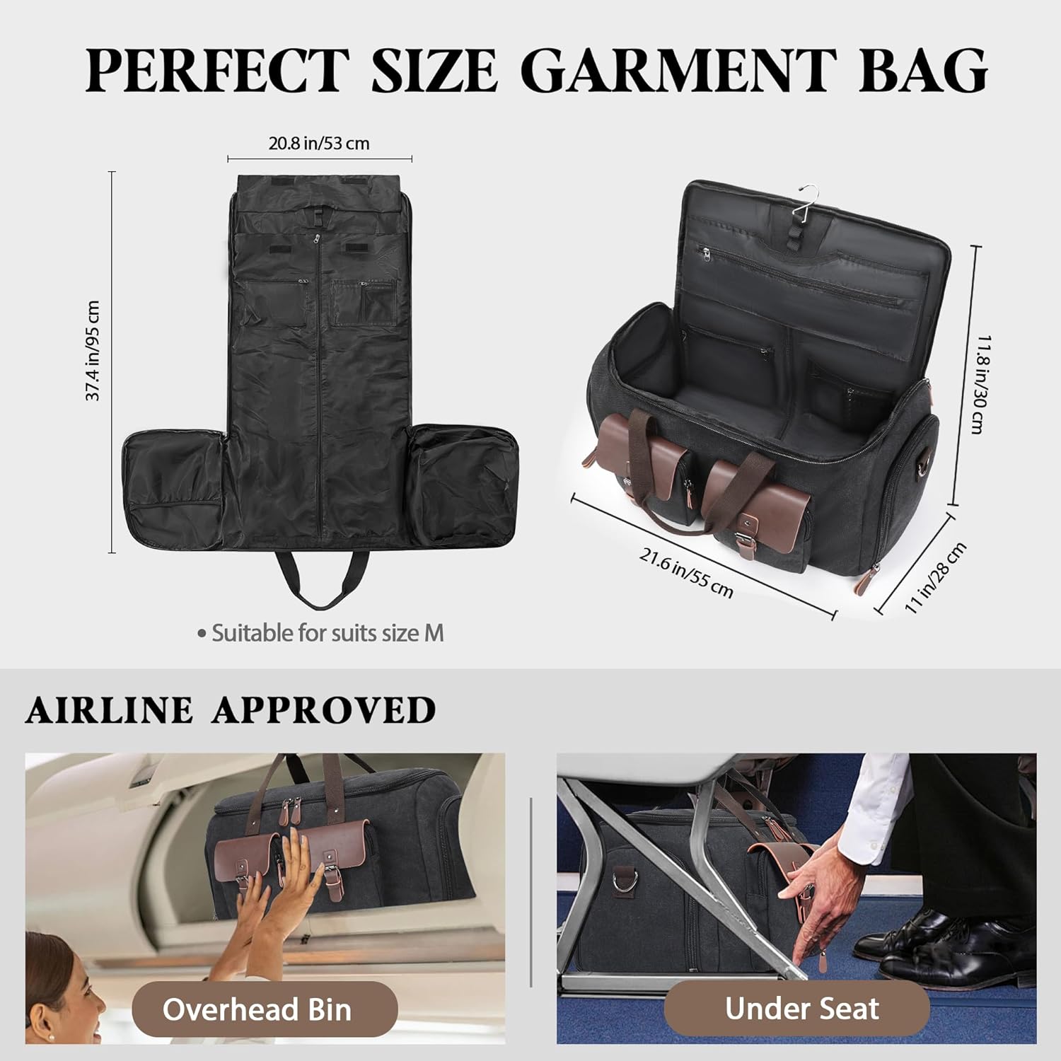 Canvas Garment Bags for Travel, Convertible Carry On Garment Duffel Bag for Men Women, 2 in 1 Suit Bag Hanging Suitcase Business Travel Bag with Shoe Compartment (Black, L) - Image 8