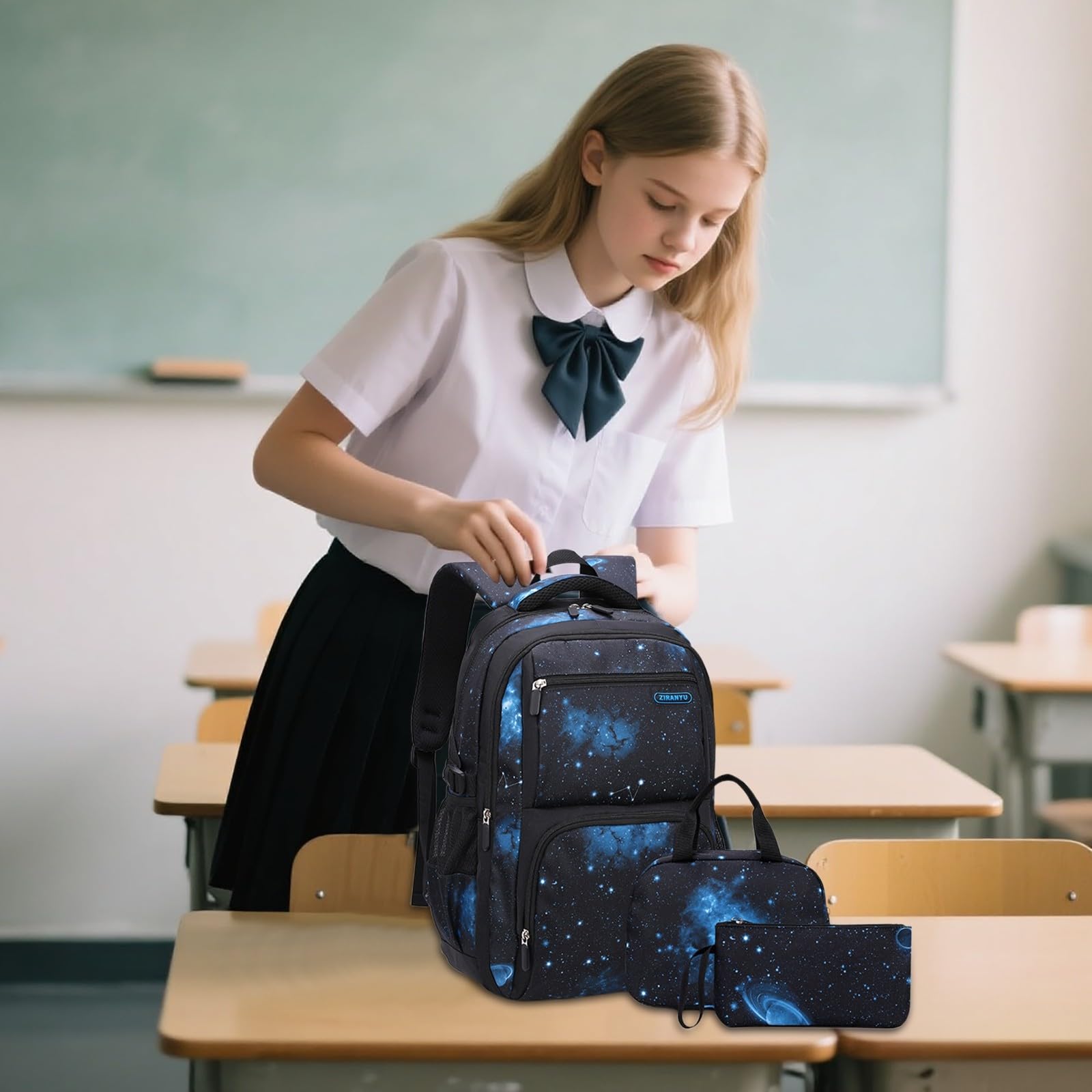Generisch Zestaw plecaków dziecięcych dla chłopców i dziewczynek, wytrzymała torba na podręczniki, z torbą na ołówki i lunch, lekki plecak studencki, dla nastolatków i dzieci (czarny 1, jeden rozmiar)