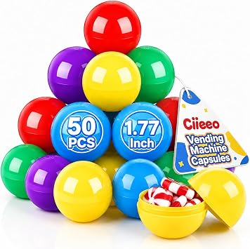 Ciieeo 50pcs Gumball Vending Machine Capsules Empty Colored Round Capsules Plastic Fillable Containers Toy Supplies for Prizes Party Favors 45mm