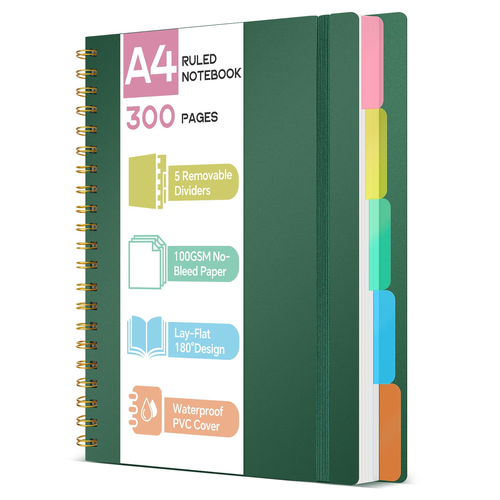 ihaspoko A4 Notebook with Dividers - 100GSM No-Bleed Paper, 300 Pages, PVC Hardcover, Spiral Project Book for School, Office & Gifts (Dark Green)
