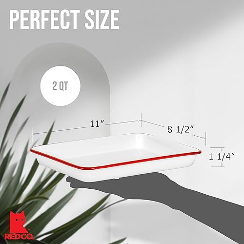 Vista 14 de Red Co. Bandeja rectangular clásica de metal esmaltado de 11 x 9 pulgadas, 2 cuartos de galón, borde blanco sólido/azul marino Llanta blanca/azul