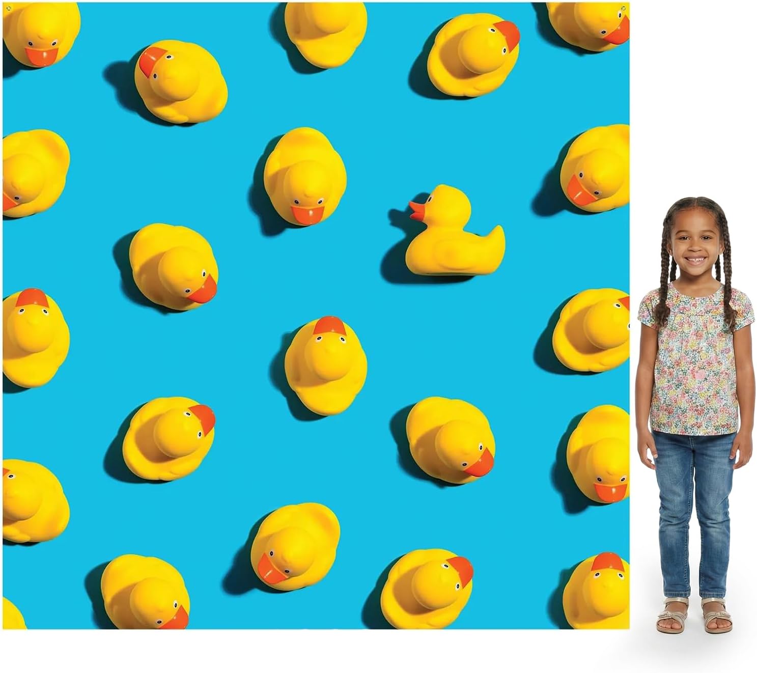 Fun Express 72" x 72" Bright Blue and Yellow Rubber Ducks Photobooth Backdrop, Polyester, Baby Shower Birthday Party