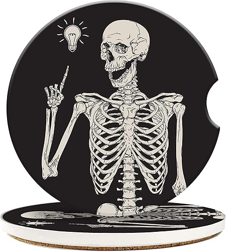 Human Skeleton Have a Idea - Posavasos para automóvil, paquete de 2 posavasos absorbentes para bebidas, portavasos de cerámica con muesca de dedo