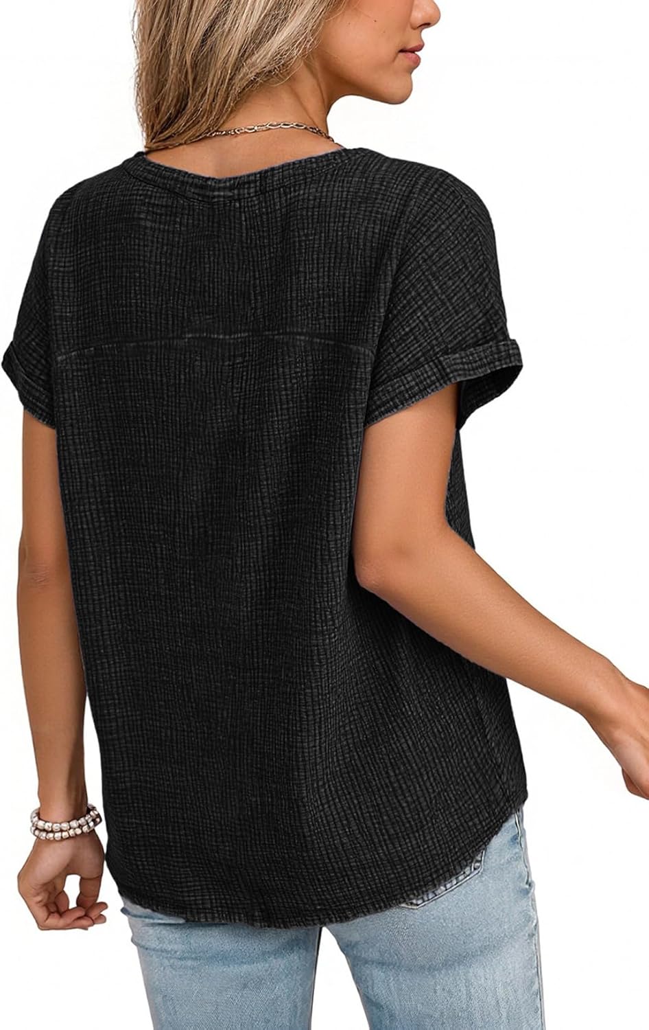 Dokotoo Women's Summer 2026 Boho Tops Casual Button Short Sleeve V Neck Shirts Solid Cotton Blouses - Image 4