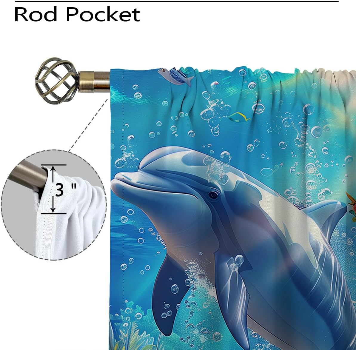 Ocean Blackout Curtains for Girls Boy Home Decor, DolphinTropical Fish Underwater Animals Rod Pocket Thermal Insulated Drapes Darkening Window Curtain for Bedroom Living Room, 42 x 45 Inch