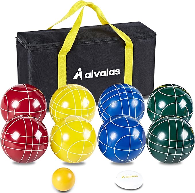 Bocce Ball Set, 90mm/100mm/107mm Outdoor Bocci Game with 8 Resin Balls, Pallino for Backyard Lawn Beach, Outdoor Yard Party Games for Family Kids Teens Beginners (2-8 Players)