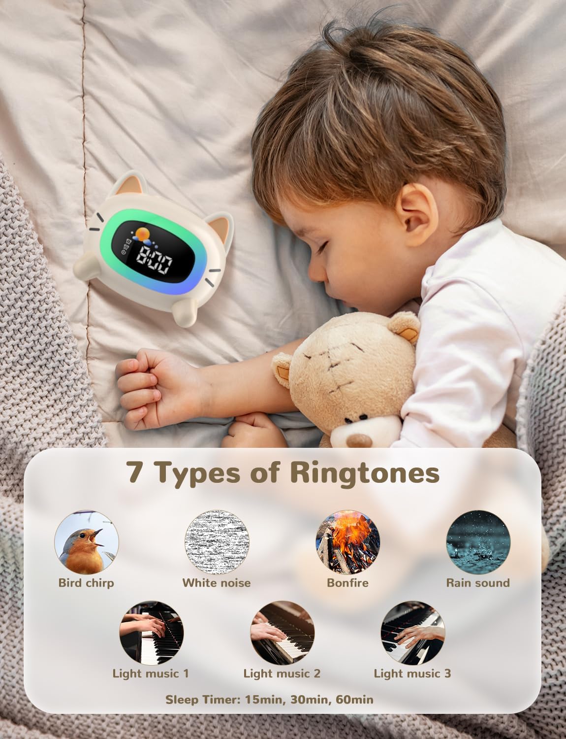 LIORQUE Kids Alarm Clock next to a sleeping child, with icons representing various ringtones and soothing sounds.