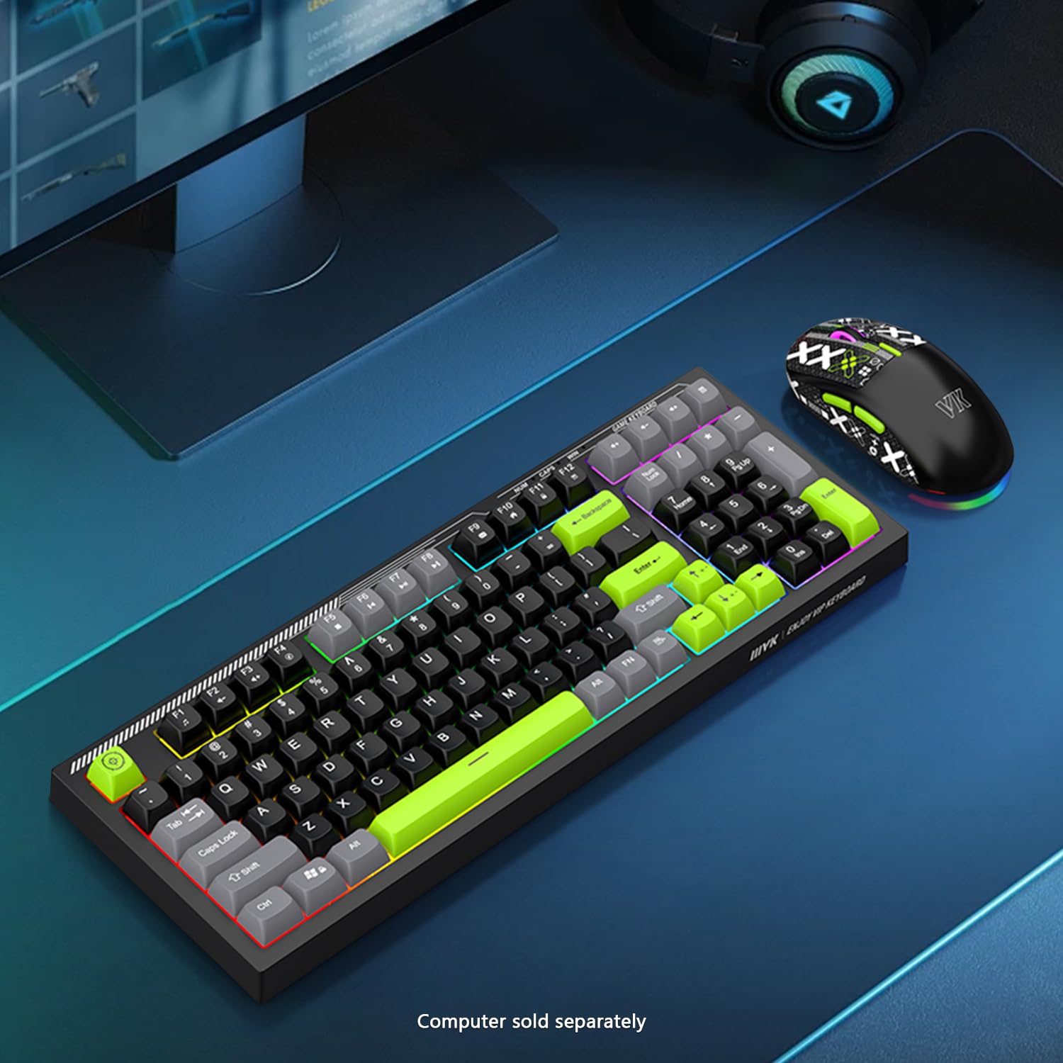 SaharaCase - Tastiera da gioco cablata e mouse combinata, tastiera completa a 98 tasti, multi-tasto anti-ghosting, retroilluminazione 7-RGB (nero/verde)