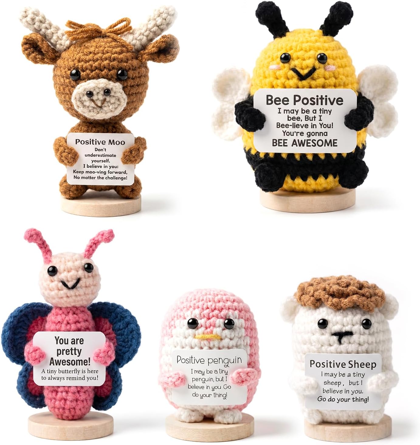5-Pack Positive Crochet Animal Gift with Motivational Card, Emotional Support Stuffed Koala with Wooden Base, Funny Birthday Gifts for Women Men Friends Coworkers, Desk Decor Encouragement Present