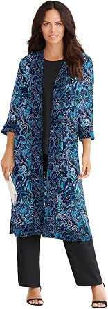 Roamans Womens Plus Size Plus-Size 3/4 Sleeve 3 Piece Ity Printed Duster Pant Set