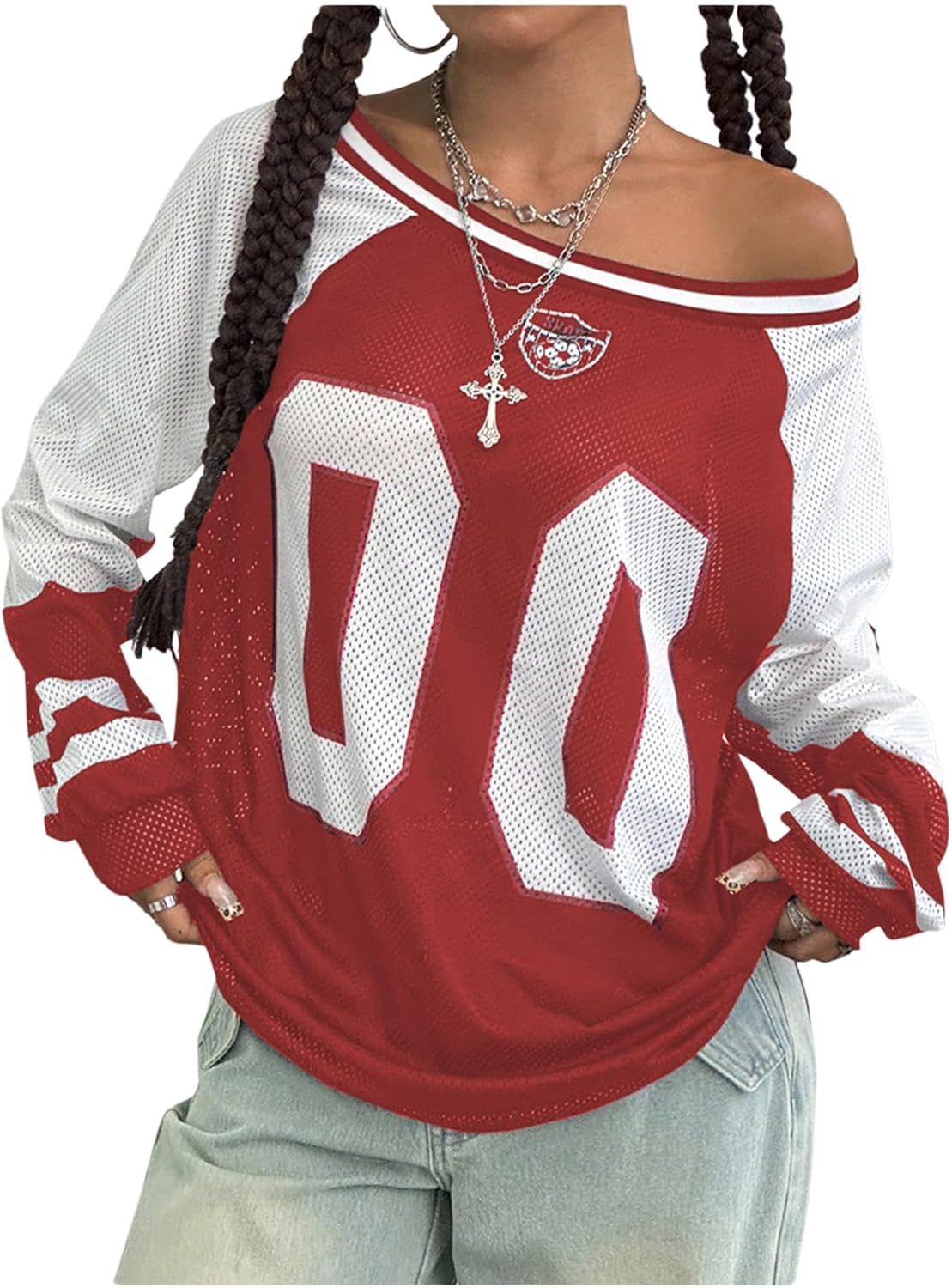 QJQ Women's Oversized Jersey Shirts Long Sleeve Sheer Mesh Off Shoulder Top Number Graphic Tee Y2K Streetwear