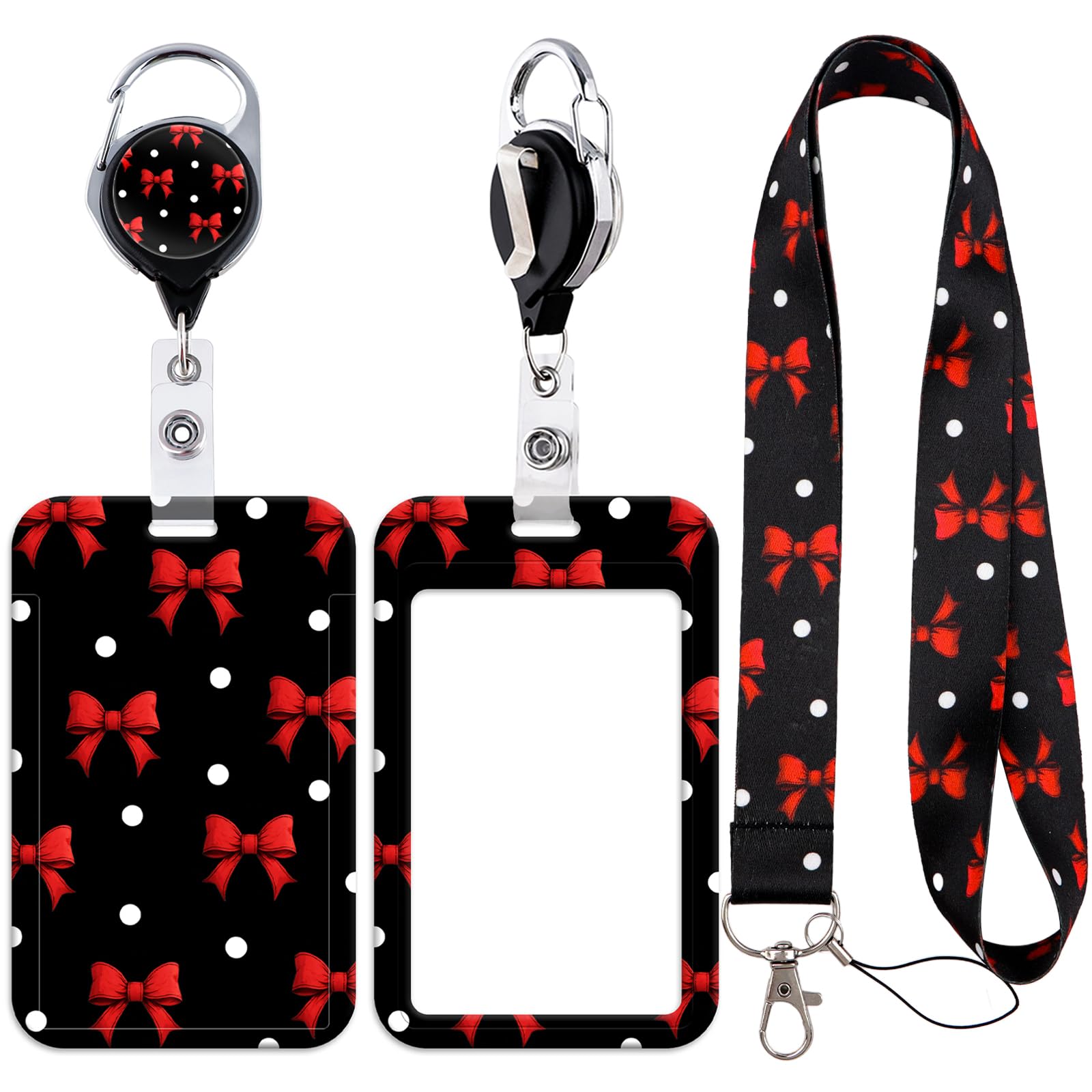 Lanyard Card Holder Set with Red Bow Design - Durable, Reusable Badge Holder with Neck Strap for ID Cards, Access Cards, Work Badges (3 in 1) โ image 1