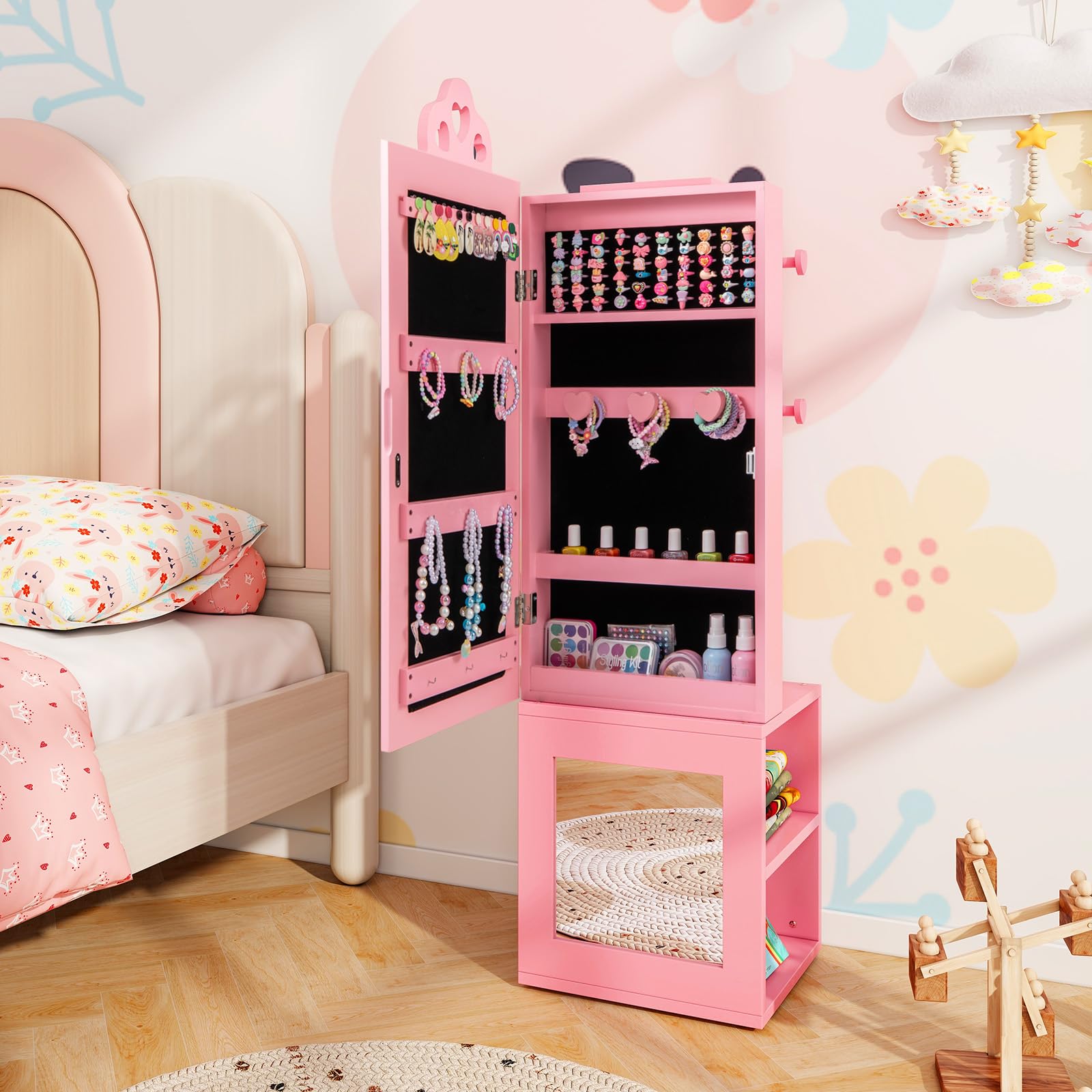GYMAX Armadio per Gioielli per Bambini con Specchio a Figura Intera, Portagioie Bambina con Anti-ribaltamento, per Cameretta e Sala Giochi, 34 x 30 x 117 cm (Rosa)