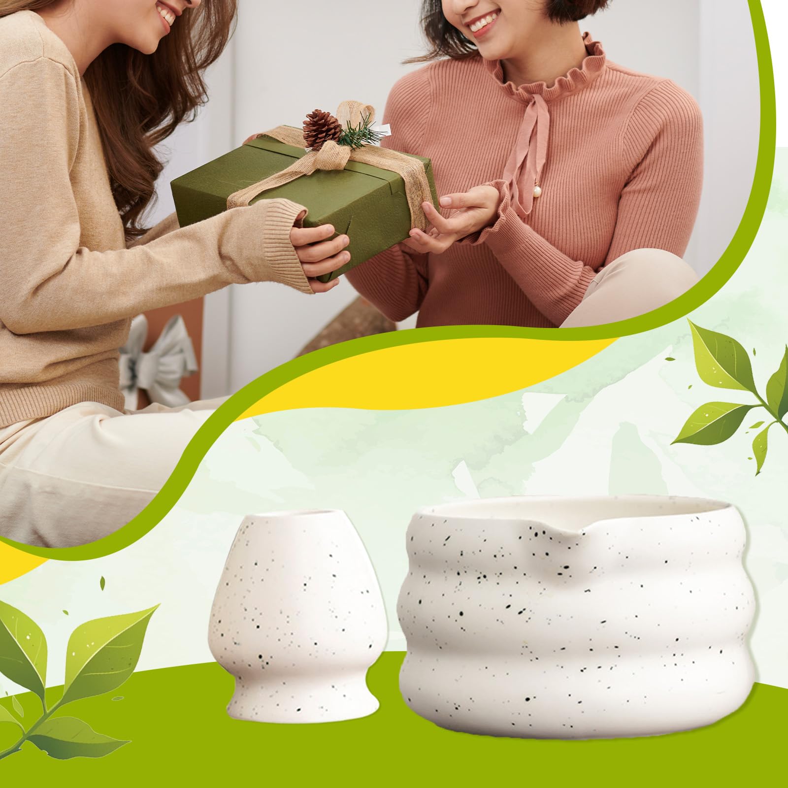 Colcolo 2-Teilige Matcha-Schüssel, Handgefertigt für die Matcha-Zeremonie, mit Schneebesenhalter und Ausgießer, Liefert Schneebesen-Teeschale, Japanische Matcha-Schüssel für Anfänger, HellgrünWeiß