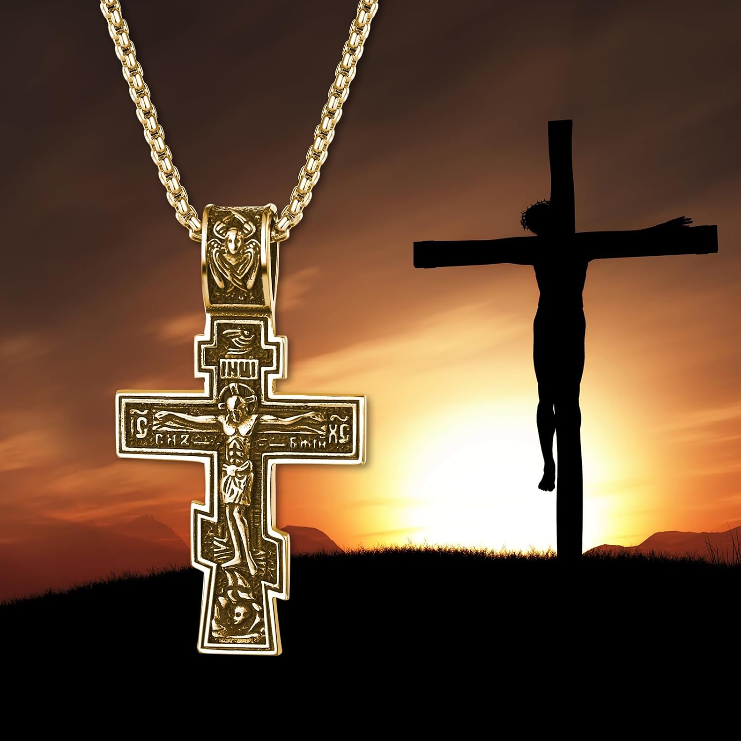 Orthodox Crucifix Cross Necklace for Men: Stainless Steel Religious Jesus Crucifix Byzantine Cross Christian Amulet Pendant Jewelry Gifts for Women - Image 5