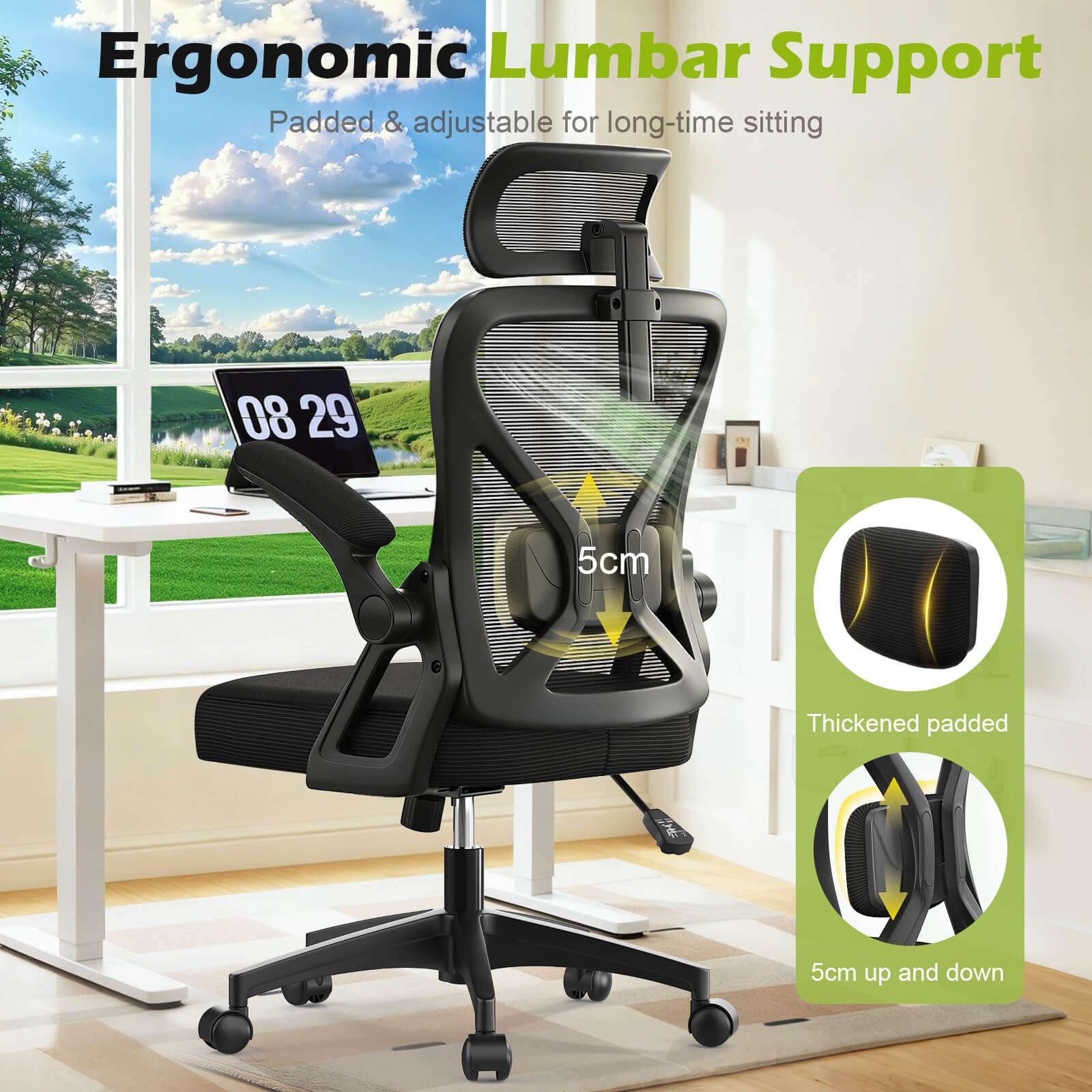 Bürostuhl, ergonomischer Schreibtischstuhl mit gepolsterter Lendenwirbelstütze und hochklappbaren Armlehnen – Computerstuhl mit hoher Rückenlehne, verstellbarer Kopfstütze und bequemem Sitzkissen zum