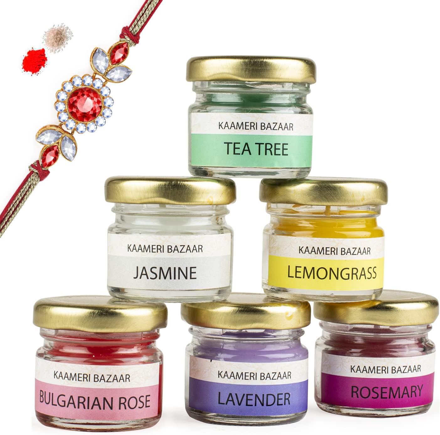 Kaameri Bazaar Scented Candles - Set of 6 jar Candle with Rakhi for Brother, roli chawal and Greeting Card - Rakhi Gift for Brother