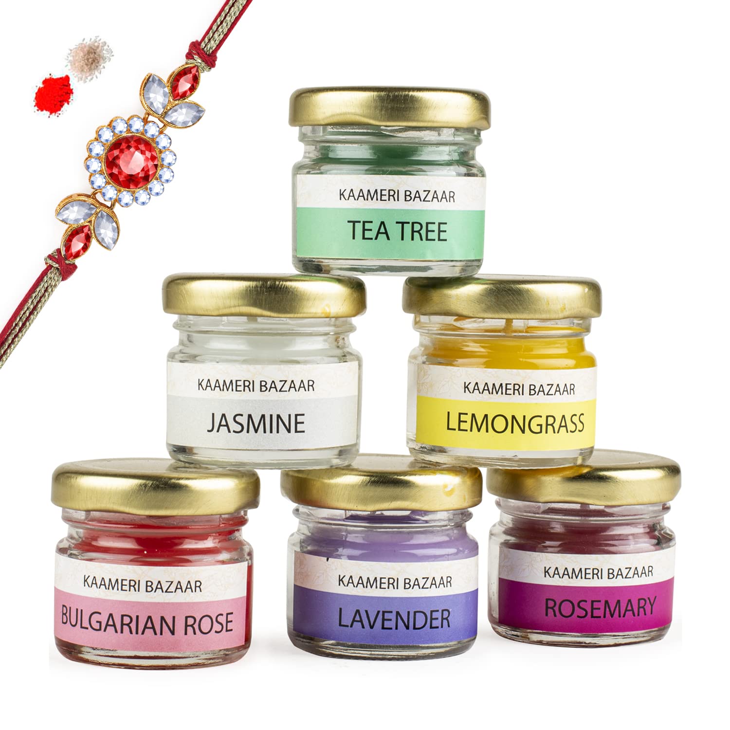 Kaameri Bazaar Scented Candles - Set of 6 jar Candle with Rakhi for Brother, roli chawal and Greeting Card - Rakhi Gift for Brother