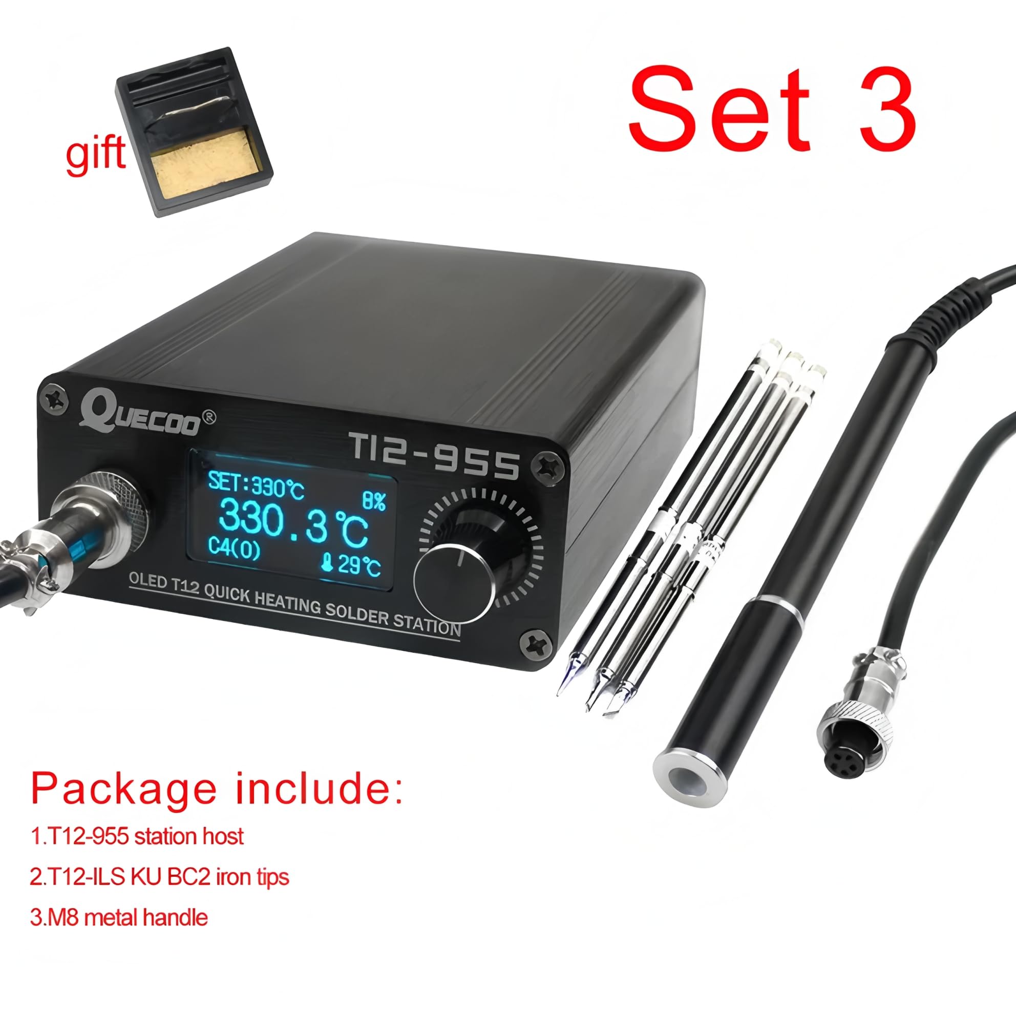 Estación de soldadura electrónica QUECOO STM32 V2.1S T12-955 soldador 1.3 pulgadas digital con punta para soldar mango 9501 (Kit T12-955 III)