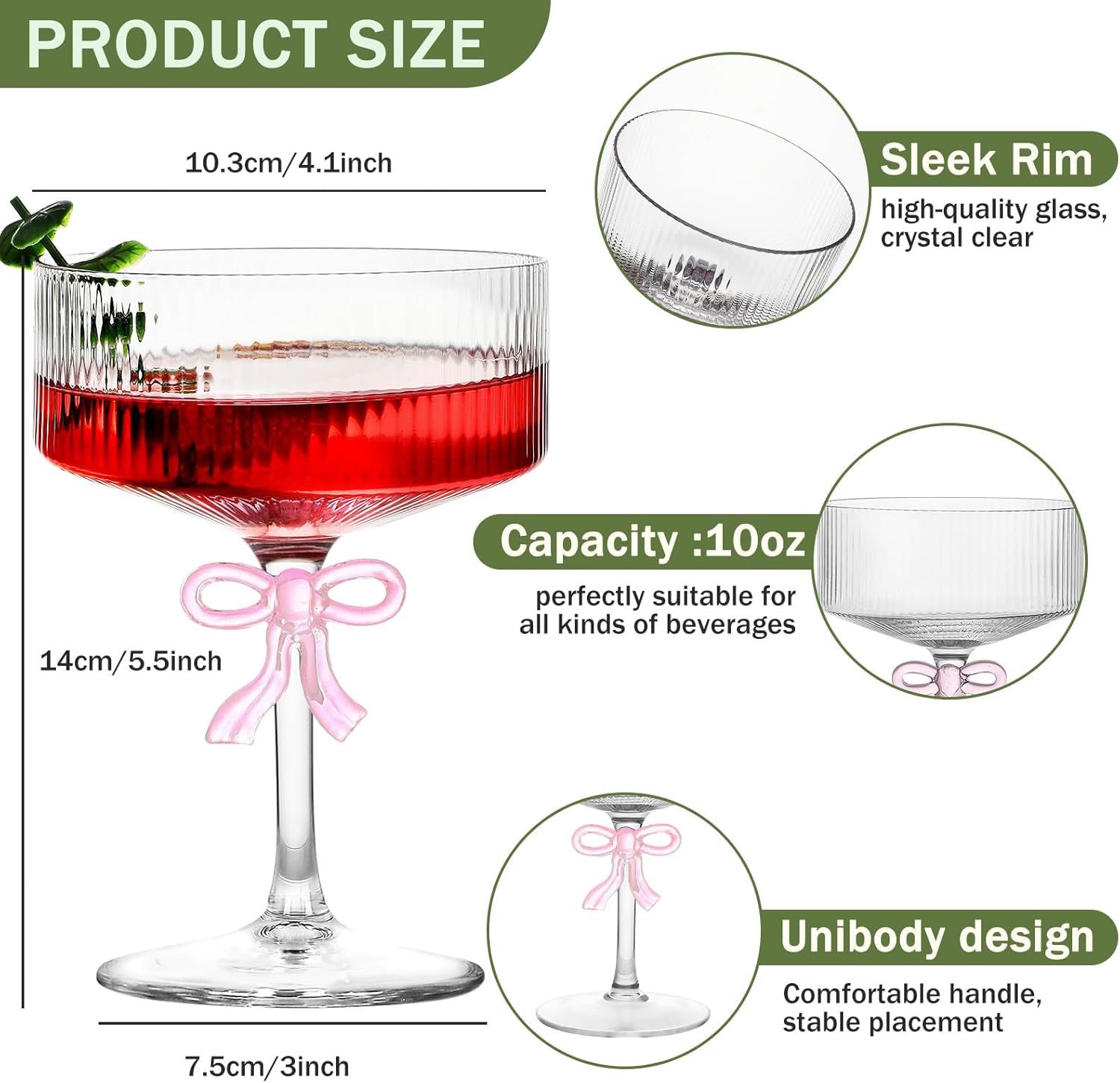 4 PCS Ribbed Coupe Glasses,10oz Vintage Coupe Glasses Unique Martini Glass with Reinforced Stems & Romantic Pink Bow, Bar Drinking Glasses Set Pefect for Cocktail, Champagne
