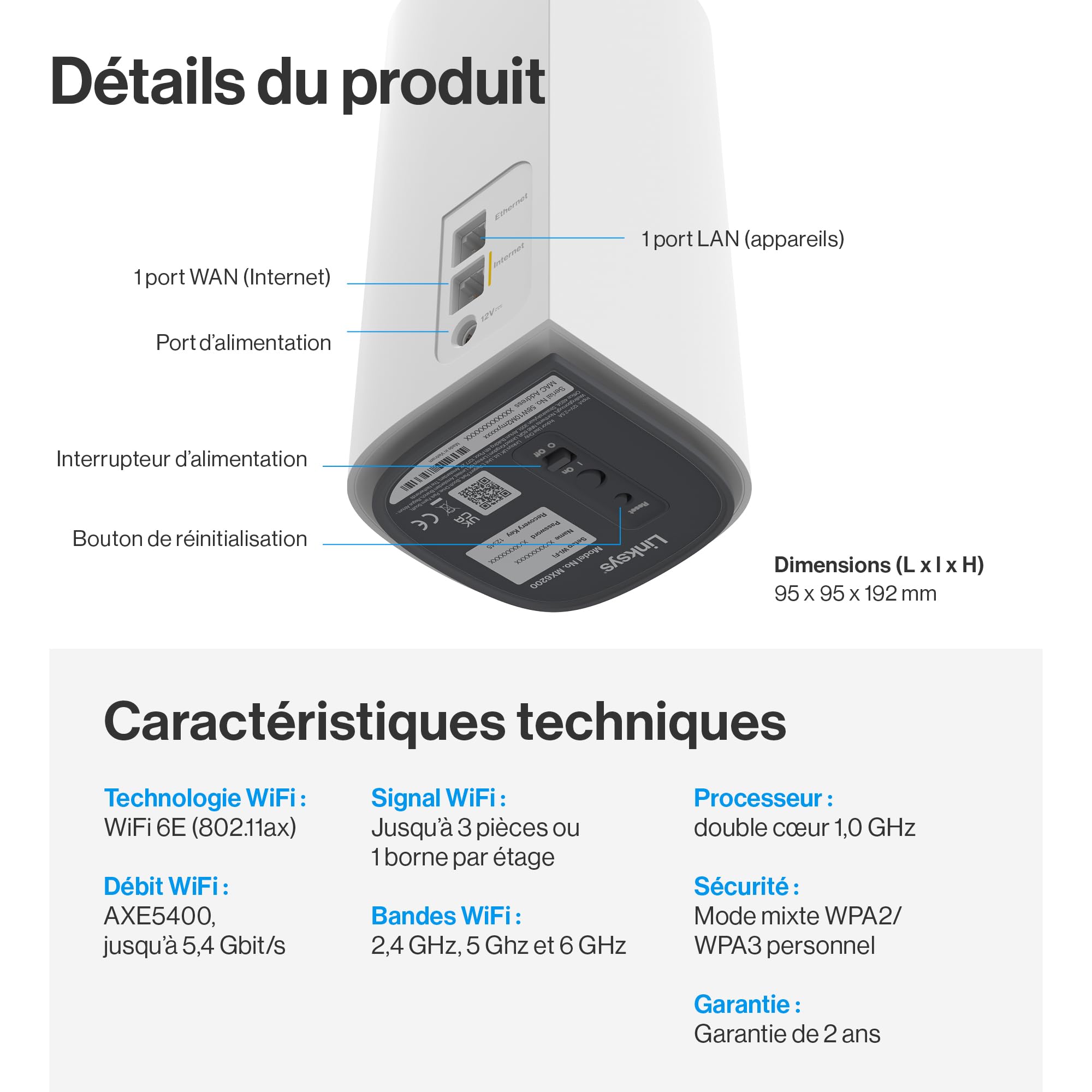 Linksys Système WiFi 6E Mesh Linksys Velop Pro MX6202-KE – Routeur Cognitive Mesh 6 GHz et 5,4 Gbit/s – Couverture Multiroom jusqu’à 550 m² et 400 appareils – Lot de 2