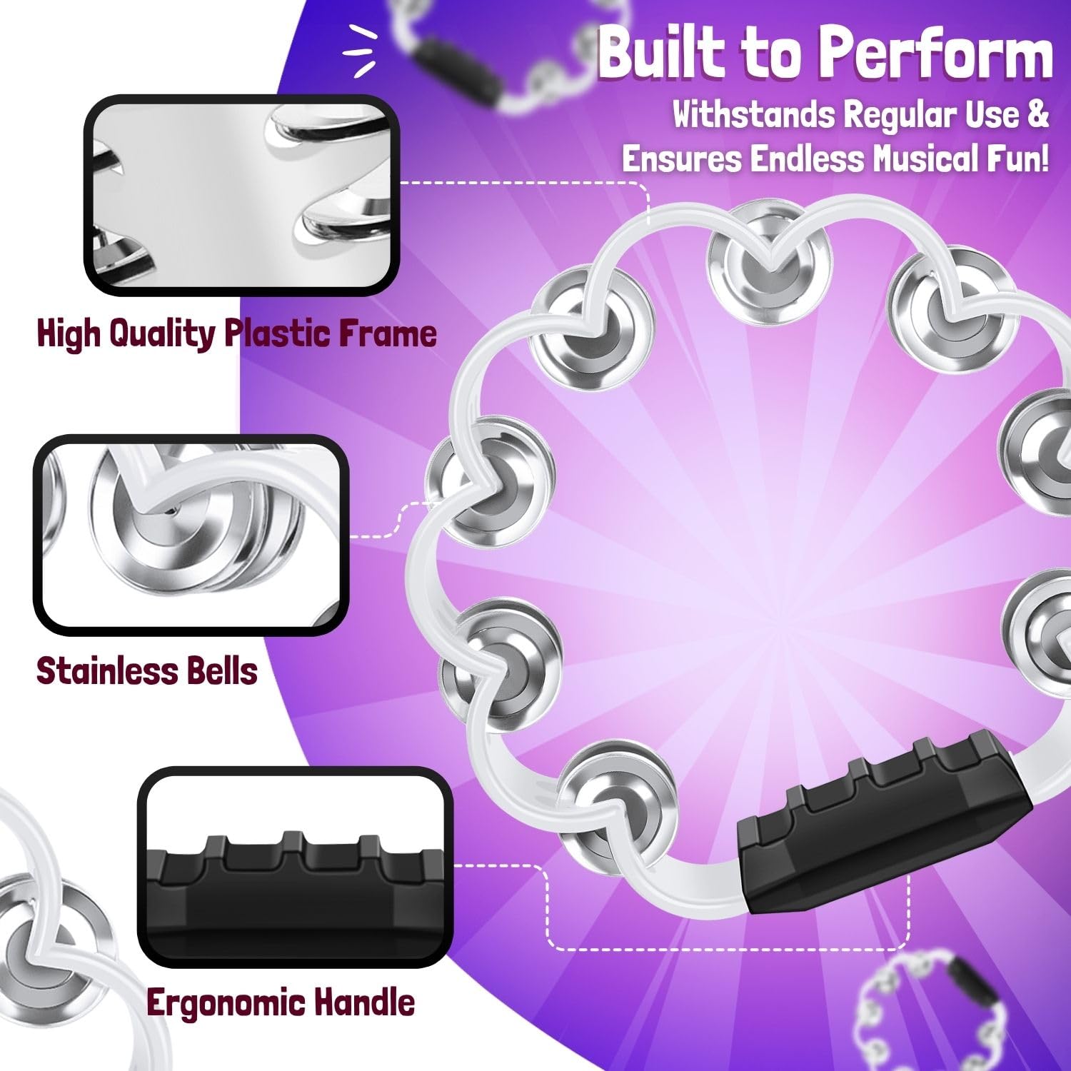 Flexzion Pandereta de flores – Instrumento de percusión de mano de 8 pulgadas con cascabeles de metal y agarre ergonómico – Panderetas pequeñas para adultos, niños, iglesia, fiestas y eventos