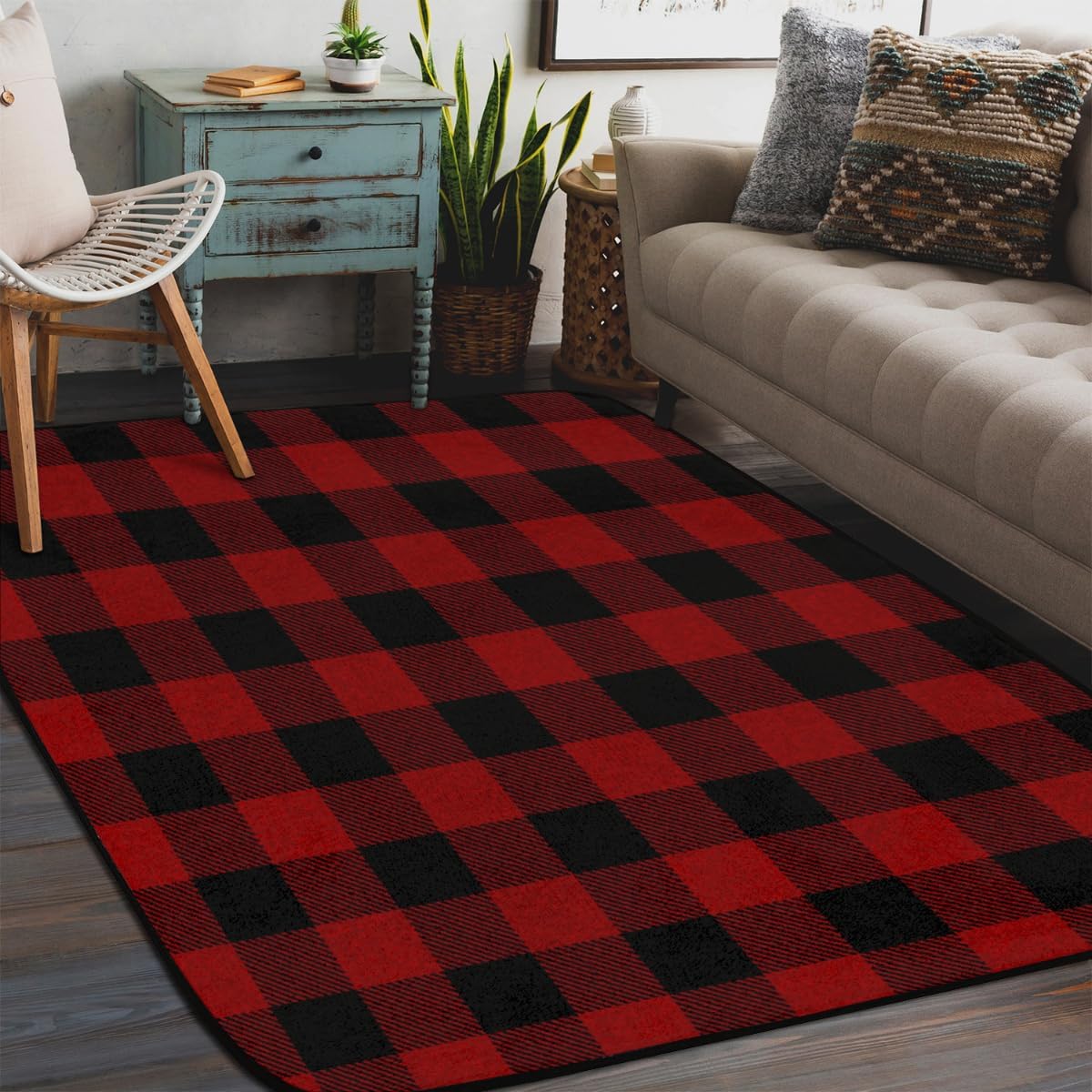 Tavisto Red Black Buffalo Plaid Area Rug 4x6 Machine Washable Rug Ultra Soft Foldable Area Rugs with Non-Slip Backing for Office Living Room Bedroom