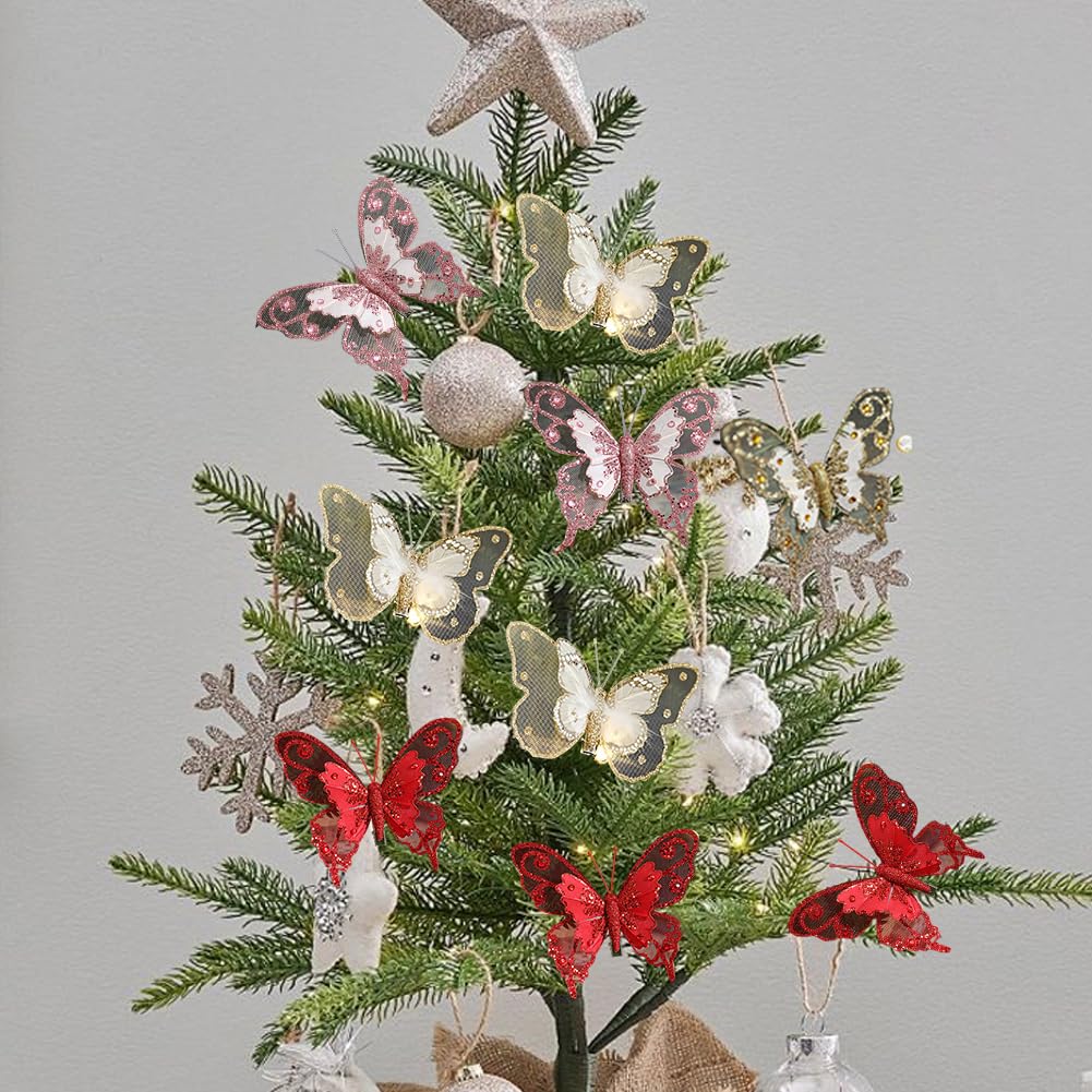 3 farfalle in plastica glitterate per albero di Natale e