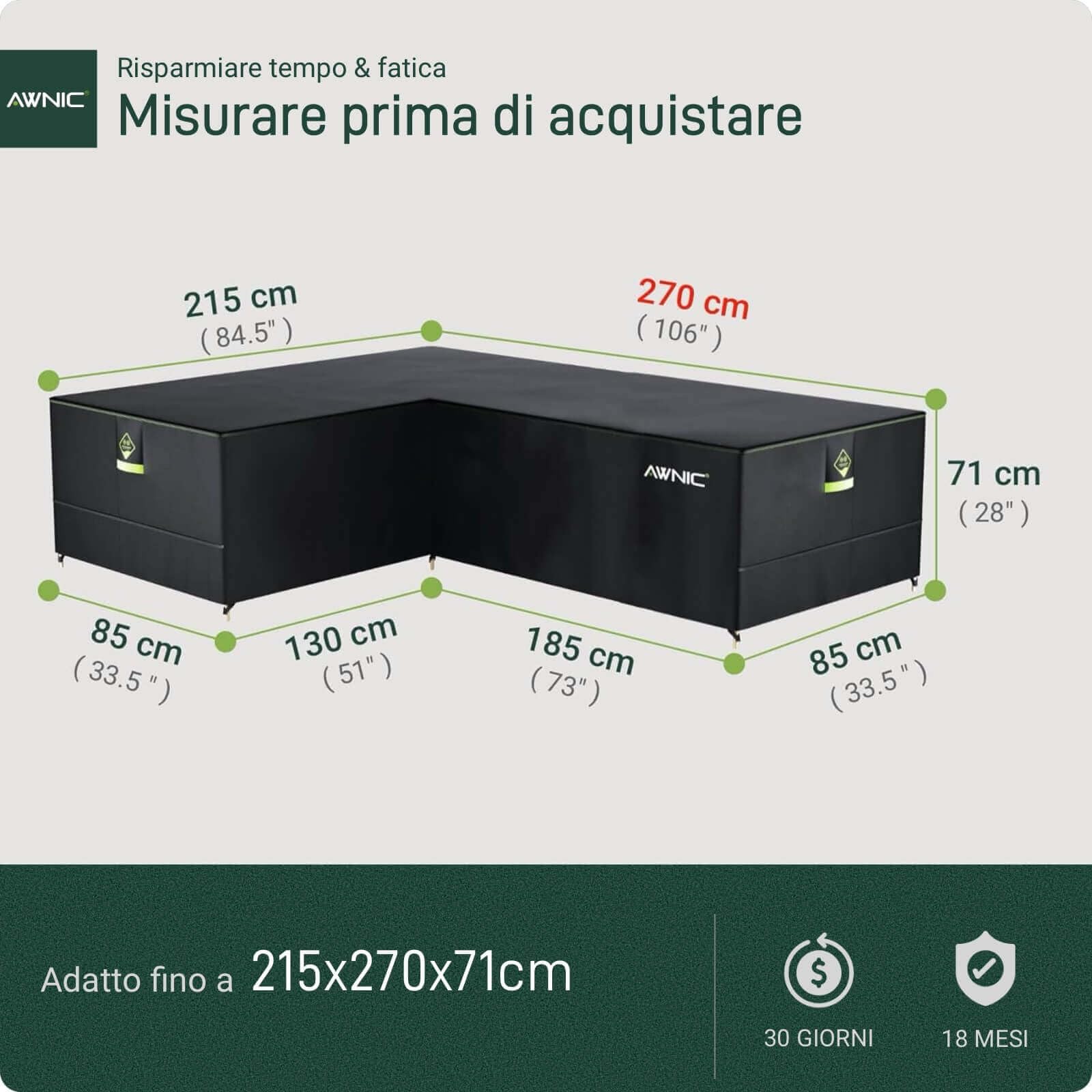 AWNIC Telo Copridivano Esterno, Telo Arredo Divano da Giardino 1 Posti 2 Posti 3 Posti Impermeabile Resistente allo Strappo (420D Poliestere, 215(Sinistra) x270(Destra) x85x71cm)