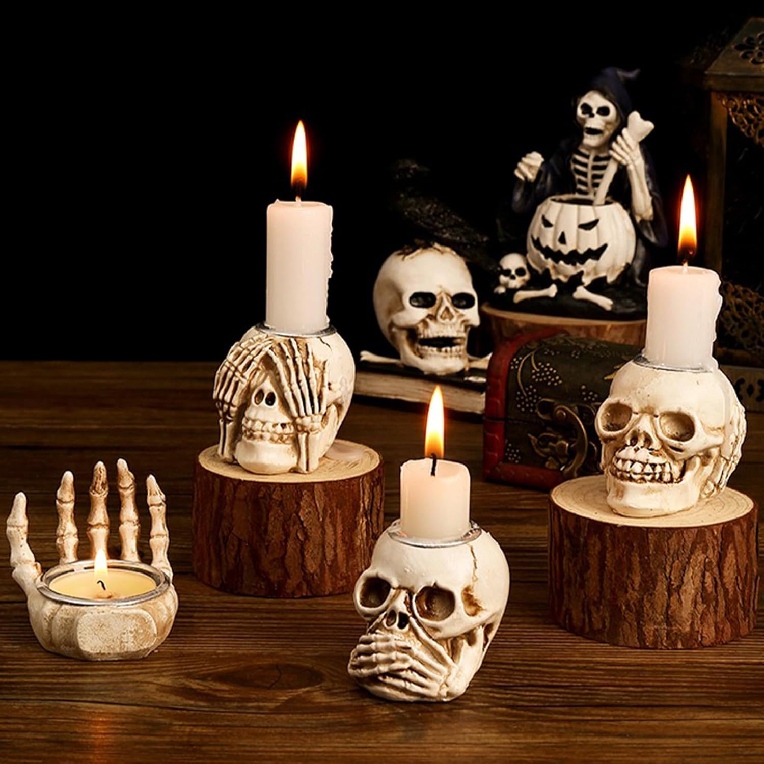 Whaline 4 portavelas de Halloween, diseño de esqueleto gótico, calavera de palma, candelabro, portavelas de resina para el hogar, mesa, temática