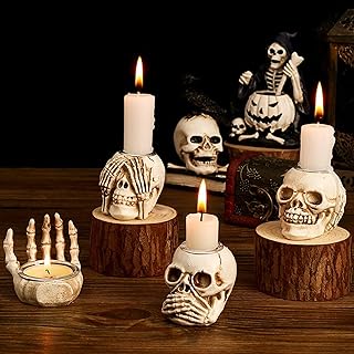 Whaline 4Pcs Halloween Candle Holder Gothic Skeleton Palm Skull Decor Mi...
