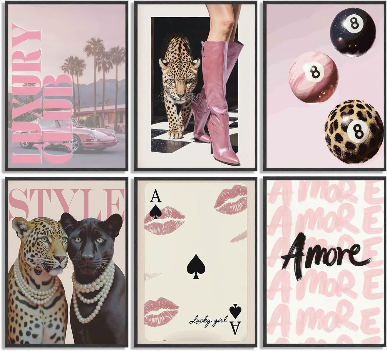 6pcs Trendy Cheetah Canvas wall art Stylish Pink Painting Picture Wall Decor Fashion College Style Room Cheetah Poster Print Artwork for Girls Bedroom Apartment Dorm Room Home Decoration Unframed