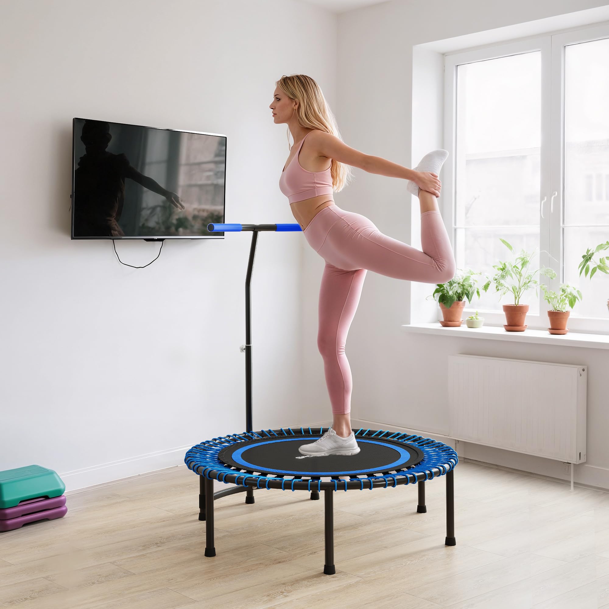 SPORTNOW Trampoline de Fitness 114 cm avec Cordes élastiques, poignée réglable sur 5 Positions, Trampoline Adulte Charge 200 kg Stable et Silencieux pour entraînement intérieur, Bleu