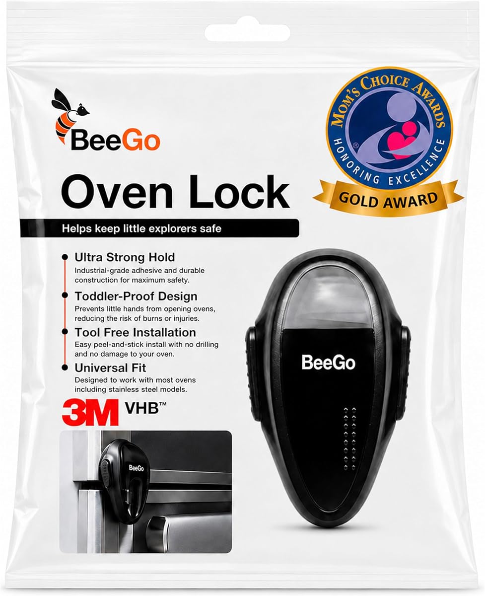 BeeGo® Oven Lock – Mom's Choice Awards® Gold | Child Safety Baby Proofing Lock for Oven, Stove & Microwave – Self-Adhesive, Heat-Resistant, No Drill, Easy Install (Black, Flat Surfaces Only)