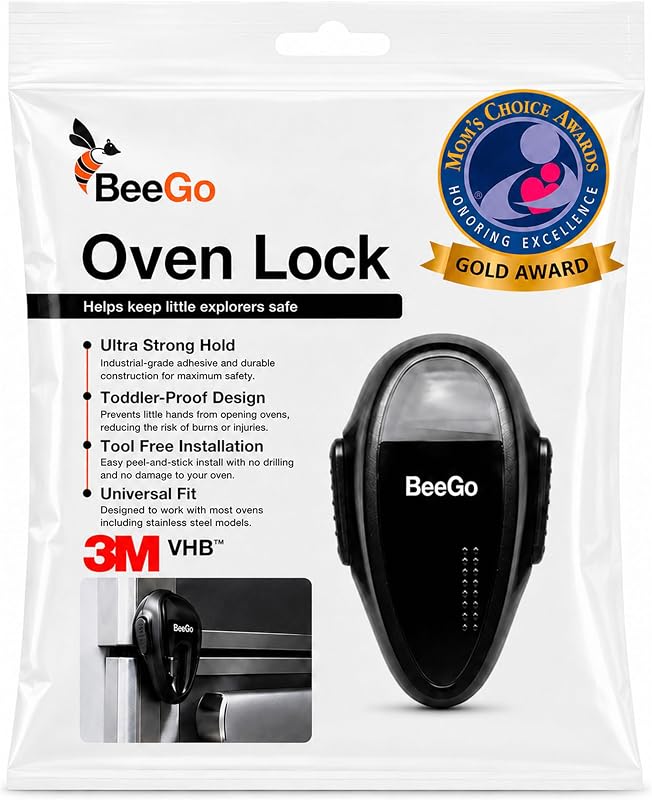 BeeGo® Oven Lock – Mom's Choice Awards® Gold | Child Safety Baby Proofing Lock for Oven, Stove & Microwave – Self-Adhesive, Heat-Resistant, No Drill, Easy Install (Black, Flat Surfaces Only)