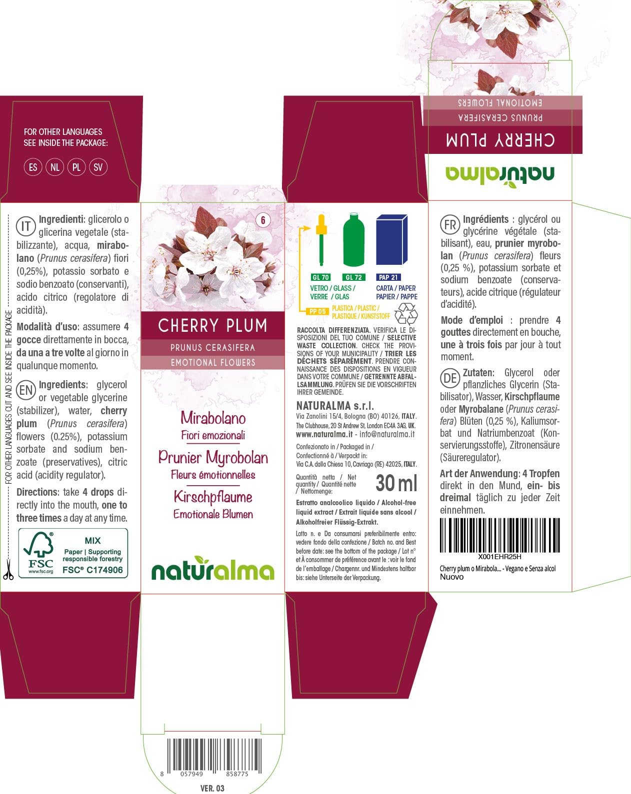 Cherry plum lub Śliwa wiśniowa (Prunus cerasifera) Kwiaty emocji lub Kwiaty Bacha Naturalma - Krople 30 ml - Płynny ekstrakt bezalkoholowy - Esencje kwiatowe - Wegański