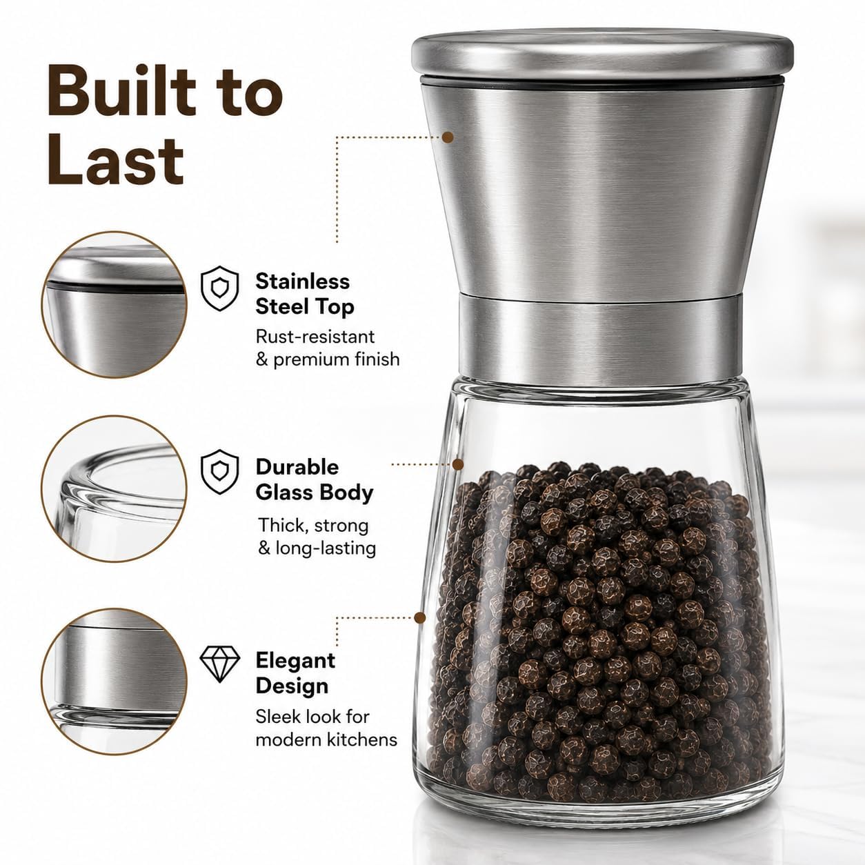 VILON Stainless Steel Spice Mill (200ml) – Adjustable Ceramic Grinder Salt or Pepper Mill Shaker, Pack of 1 — Amazon image 7