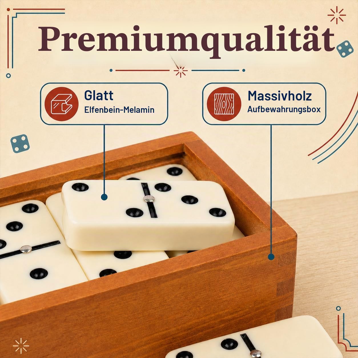 Smilejoy Dominos Set für Erwachsene -Jumbo Größe Dominos Doppel Sechs Edition- Klassische Brettspiele- Dicke Größe Doppel 6 Domino Set mit Deluxe Braun Holz Box, 28 Fliesen (2-4 Spieler)