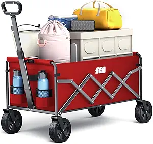 Collapsible Foldable Wagon, Foldig Cart with Wheel Heavy Duty with 180lbs Weight Capacity Lightweight Utility Camping Wagon for Groceries Garden Beach Sports Fishing (Coral Red)