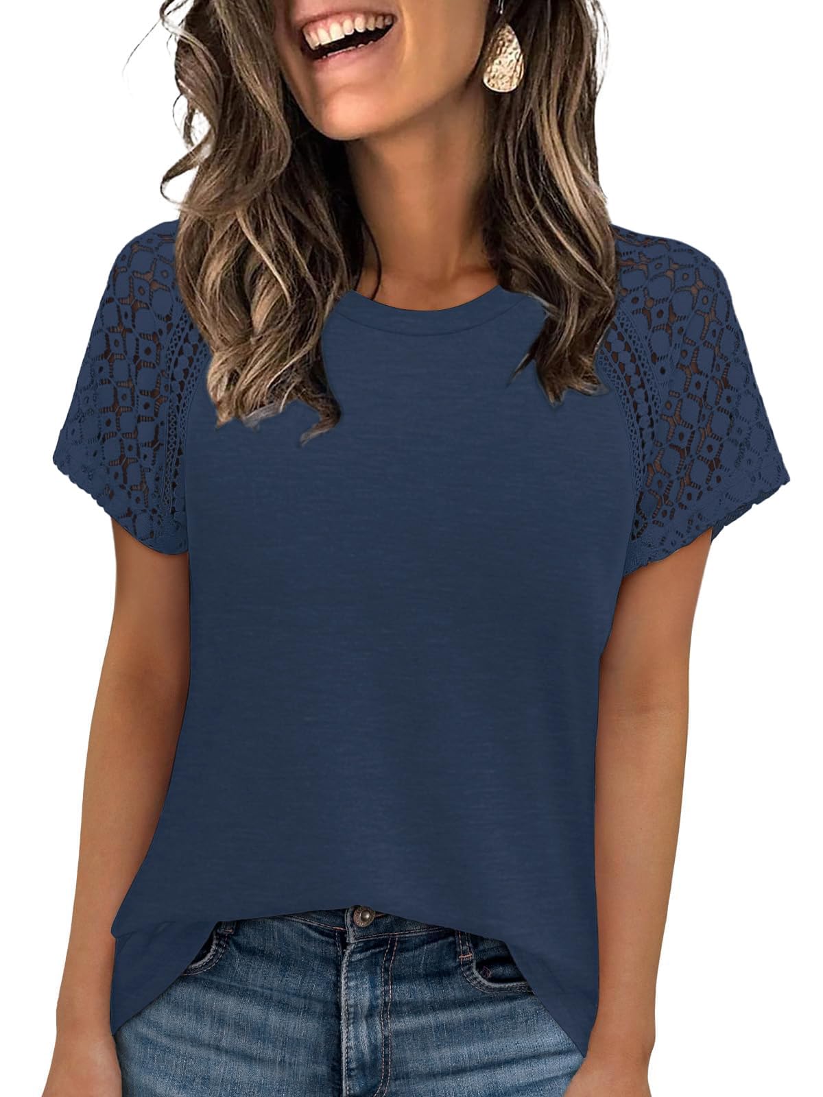 Chicrise T-Shirt für Damen Elegant Kurzarm Top Einfach Einfarbig Casual Schickes Oberteil Modisch Strand Tiefblau 2X-Groß 50-54 2XL