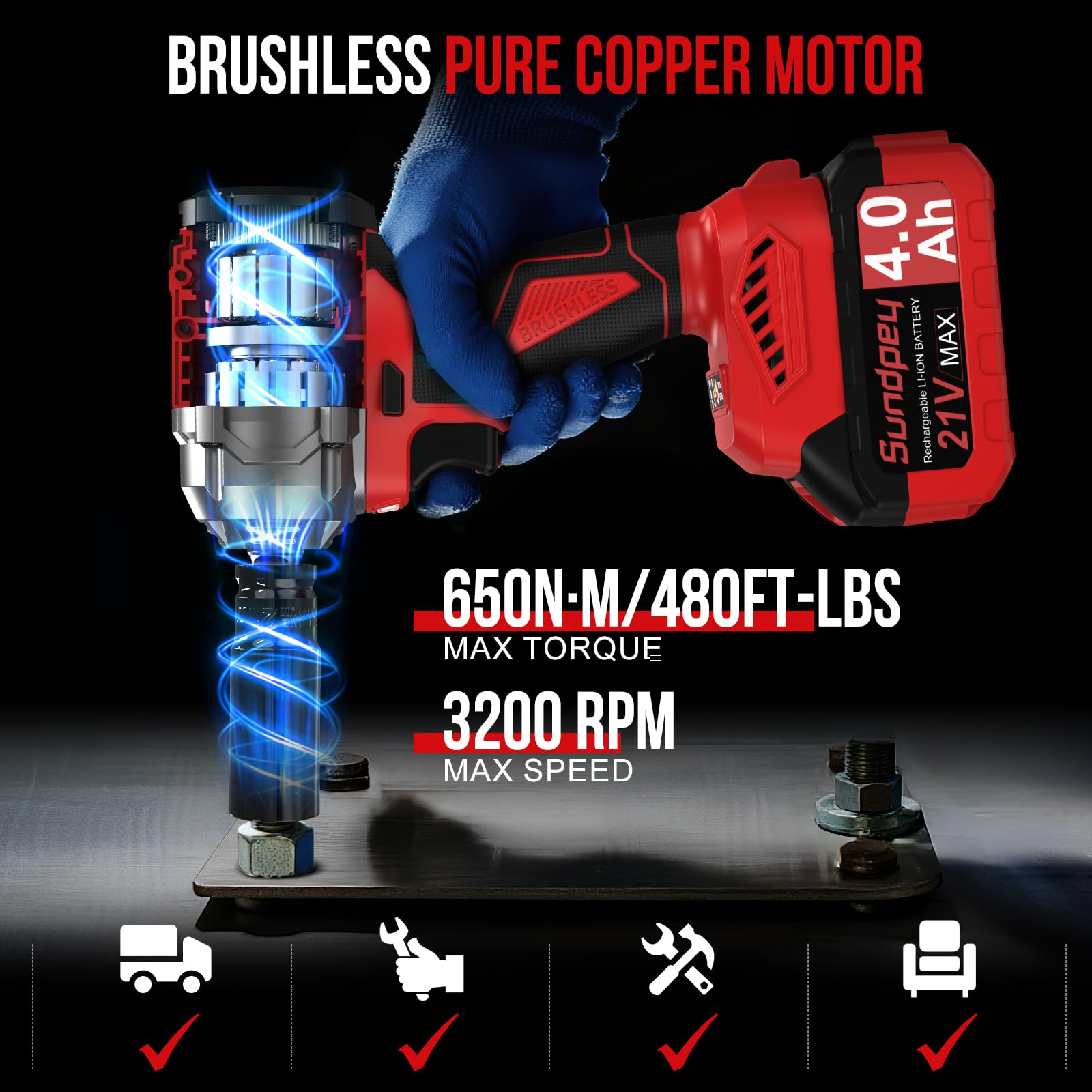 Sundpey Cordless Impact Wrench 21V 650Nm Brushless