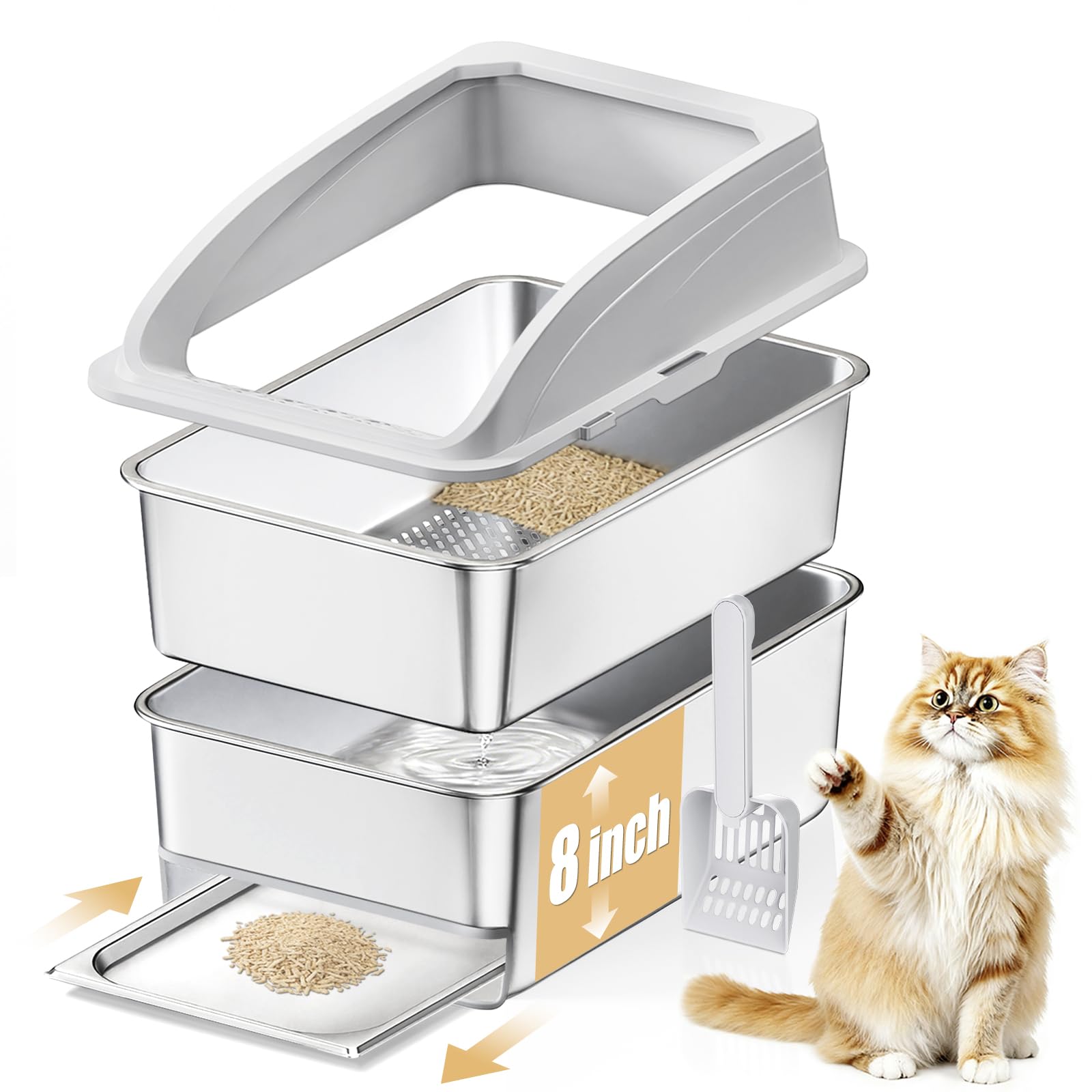 23.6"x15.7"x13.78" Stainless Steel Sifting Litter Box with Lid, XL Sifting Design for Pine Pellets, High Sides Metal Litter Box for Big Cats 7.9in Deep, Easy-to-Clean Removable Drawer Pan