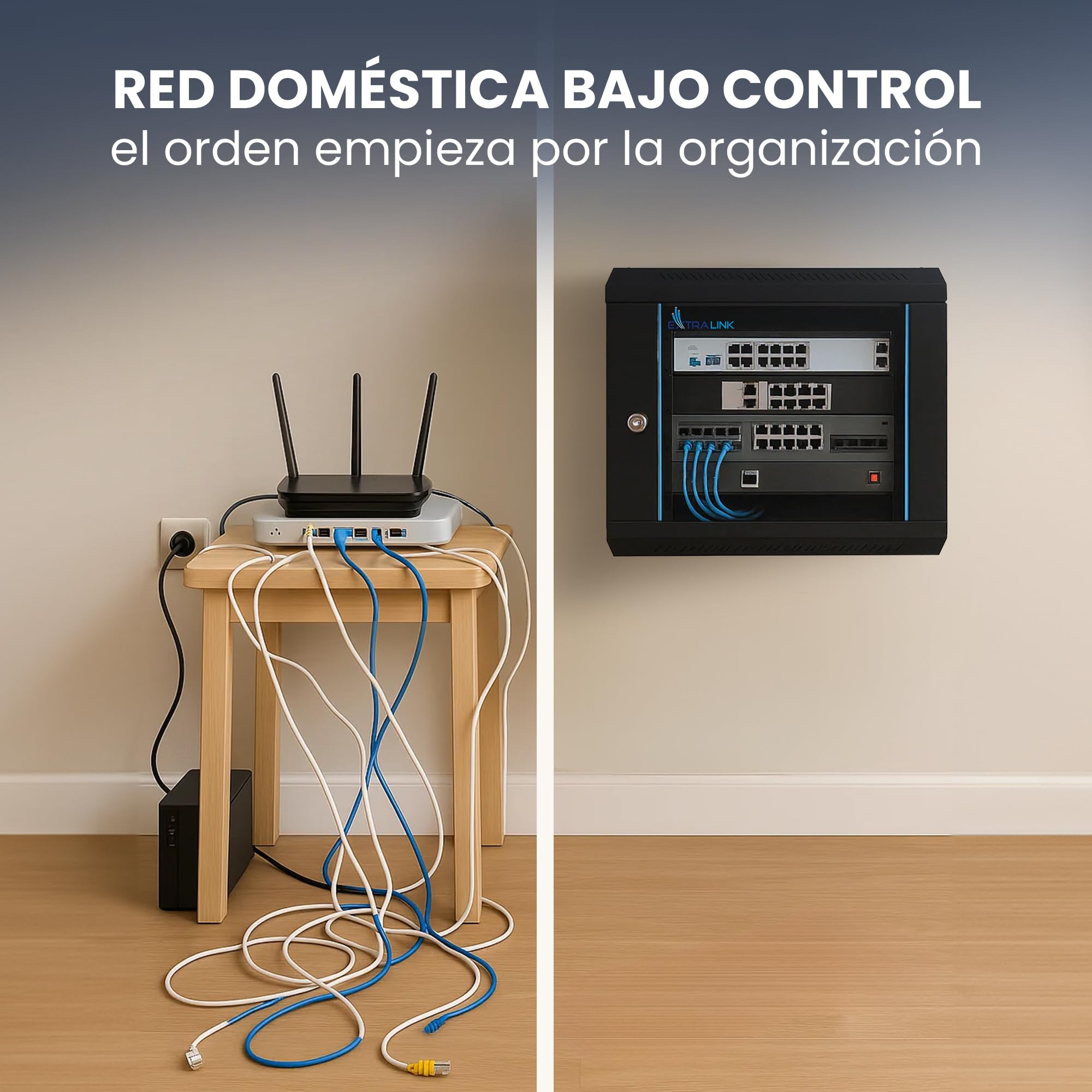 Extralink Armario Rack de 19" 6U - Armario de Red de 400 mm, Estante Incluido, Montaje en Pared o Suelo, hasta 60 kg, Apertura de 180°, Negro - para Red doméstica y Equipos informáticos